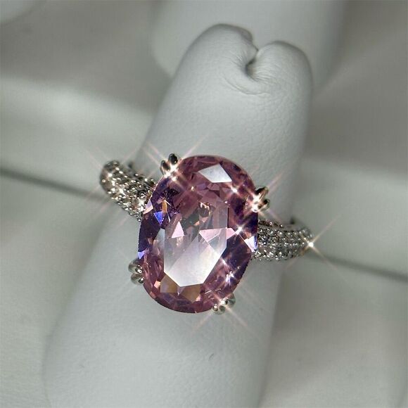 Pink Solitaire Gemstone Ring w/ Clear Accents Silver Plated Engagement size 6 - Picture 4 of 10